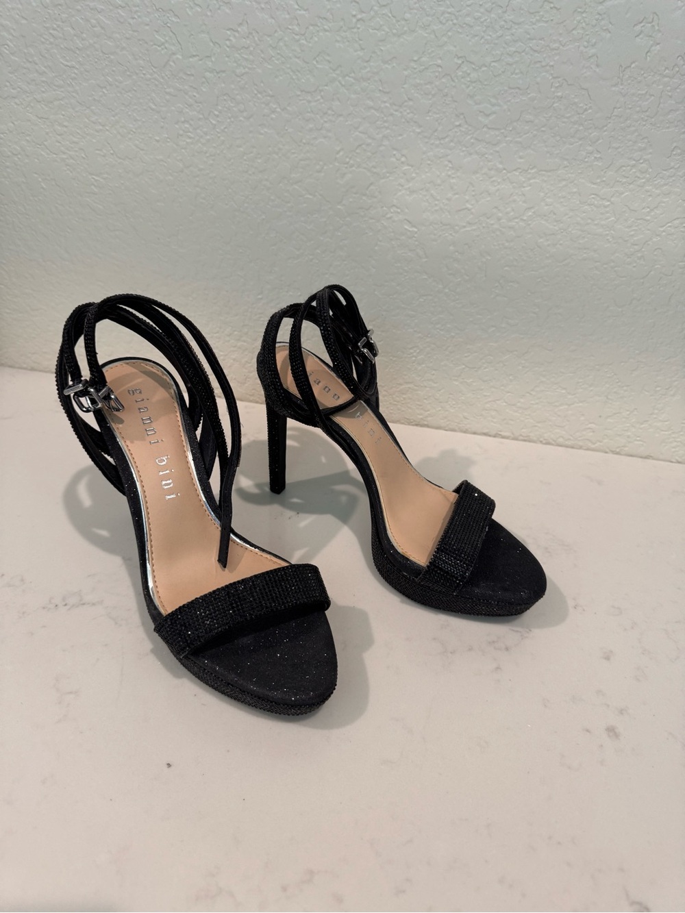 Gianni Bini Black Sparkle Ankle-Strap Stiletto Sandals